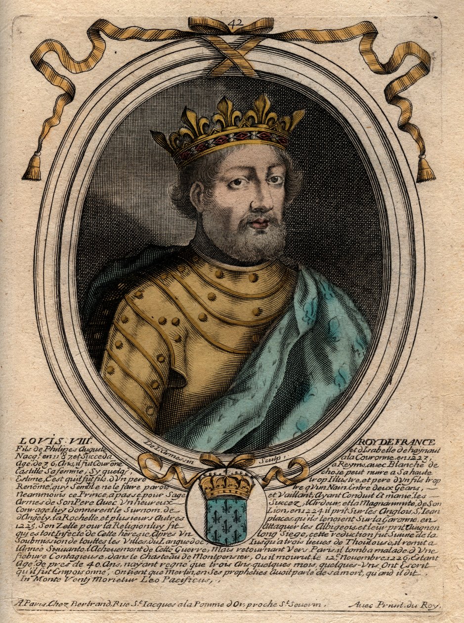 フランス王ルイ8世（1187-1226）の肖像 - フランス王ルイ8世（1187-1226） - パリの「Les Augustes Representations de tous les Kings de France depuis Pharamond à la LouisXIV」からのエングレーヴィング。 作： de Larmessin