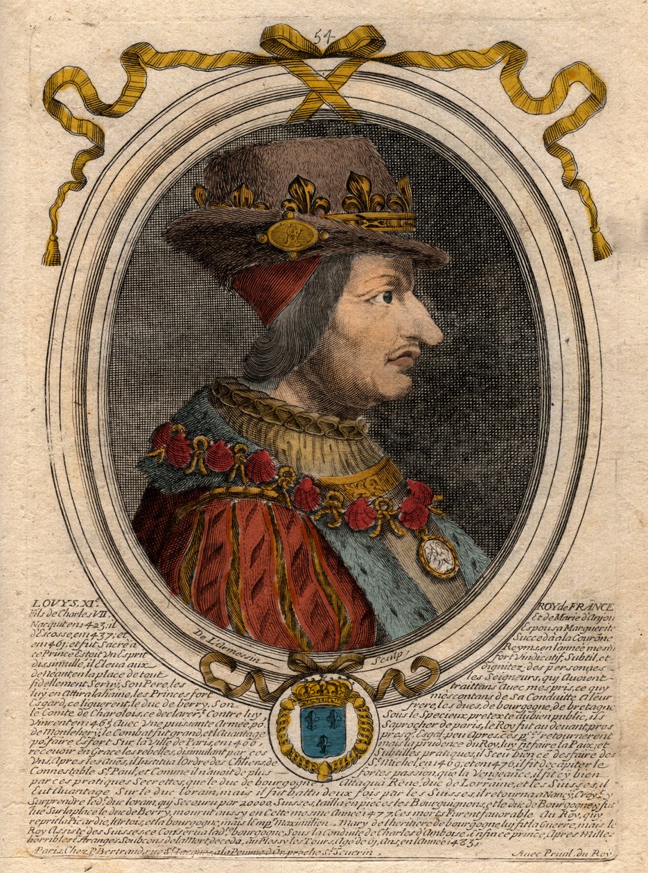 フランス王ルイ11世（1423年～1483年）の肖像 - フランス王ルイ11世（1423年～1483年）の肖像 - パリの「ファラモンからルイ14世までのフランスの各王の八面六臂の活躍」からのエングレーヴィング 作： de Larmessin