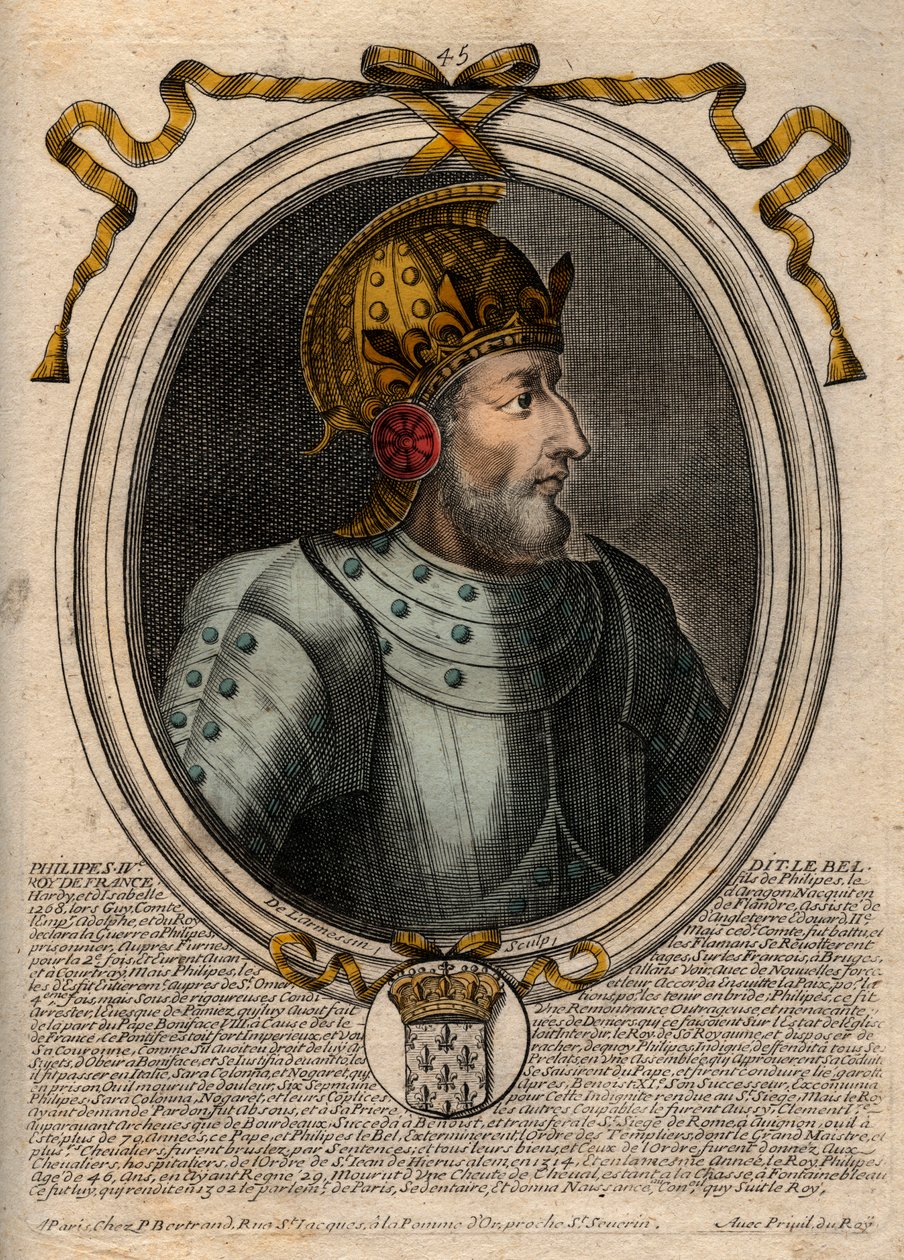 フランス王フィリップ4世（1268 - 1314）の肖像 - フィリップ4世（1268 - 1314）フランス王 - パリの「Les Augustes Representations de tous les Kings de France from Pharamond to LouisXIV」からのエングレーヴィング 作： de Larmessin