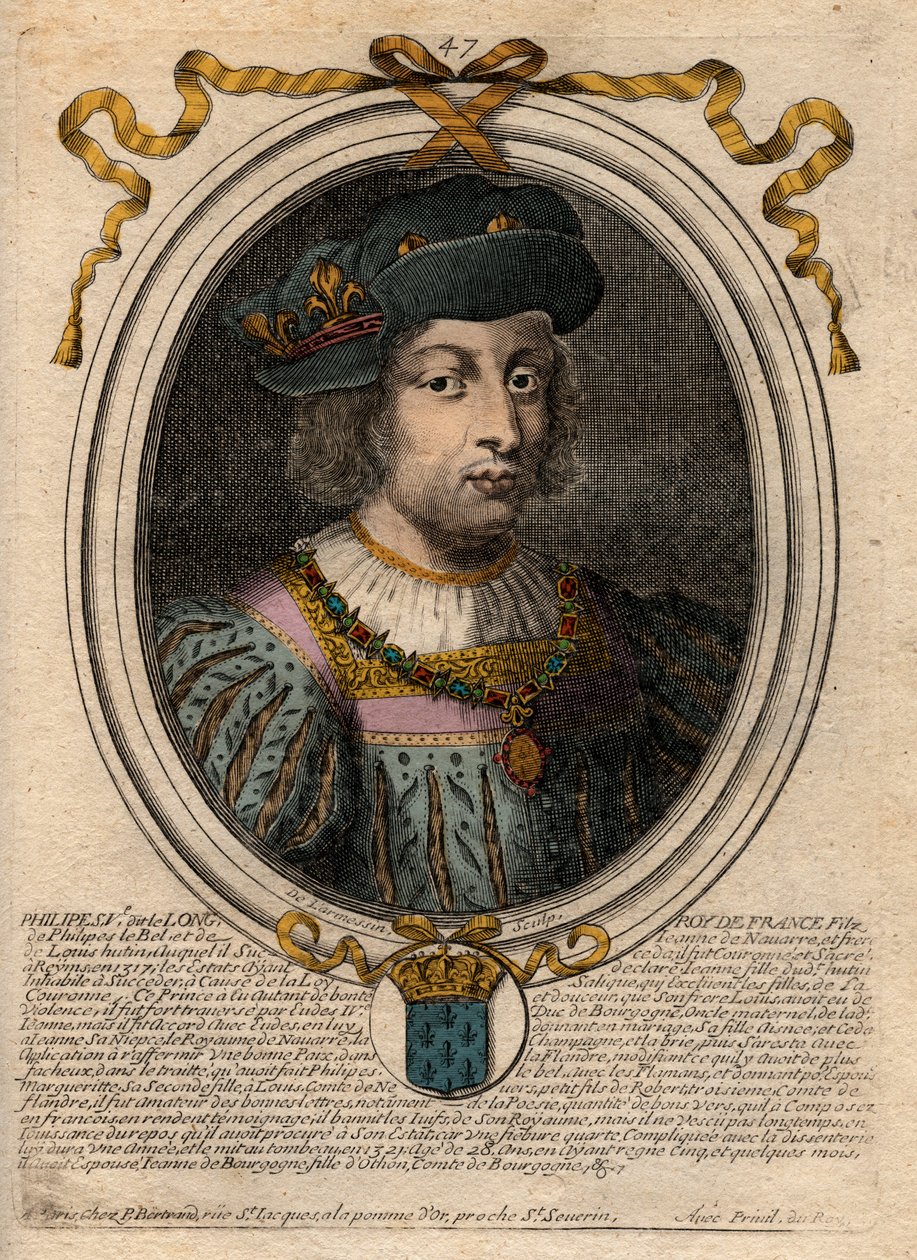 フランス王フィリップ5世（1294-1322）の肖像 - フィリップ5世（1294-1322）「背の高い人」 - パリの「ファラモンからルイ14世までのフランスの全王のアウグスト表象図」からのエングレーヴィング 作： de Larmessin