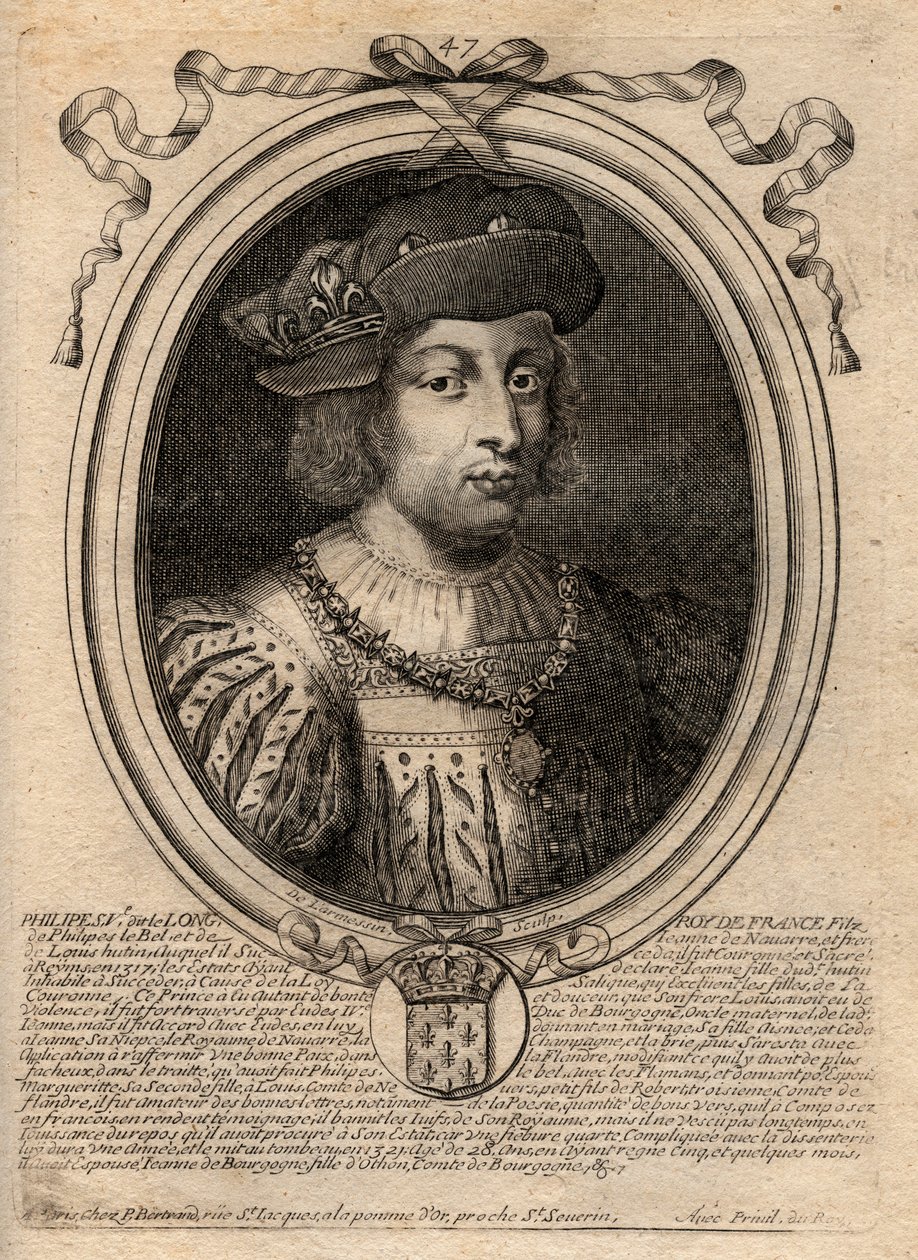 フランス王フィリップ5世（1294年～1322年）の肖像 - フィリップ5世（1294年～1322年）「背の高い人」 - パリの「ファラモンからルイ14世までのフランスの全王のアウグスト表象」からのエングレーヴィング 作： de Larmessin