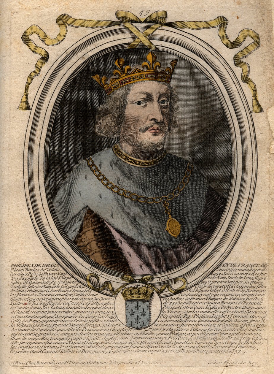 フランス王フィリップ6世（1293～1350年）の肖像 - フィリップ6世（1293～1350年）フランス王 - パリの「ファラモンからルイ14世までのフランスの各王の8月の肖像」からの彫刻作品 作： de Larmessin