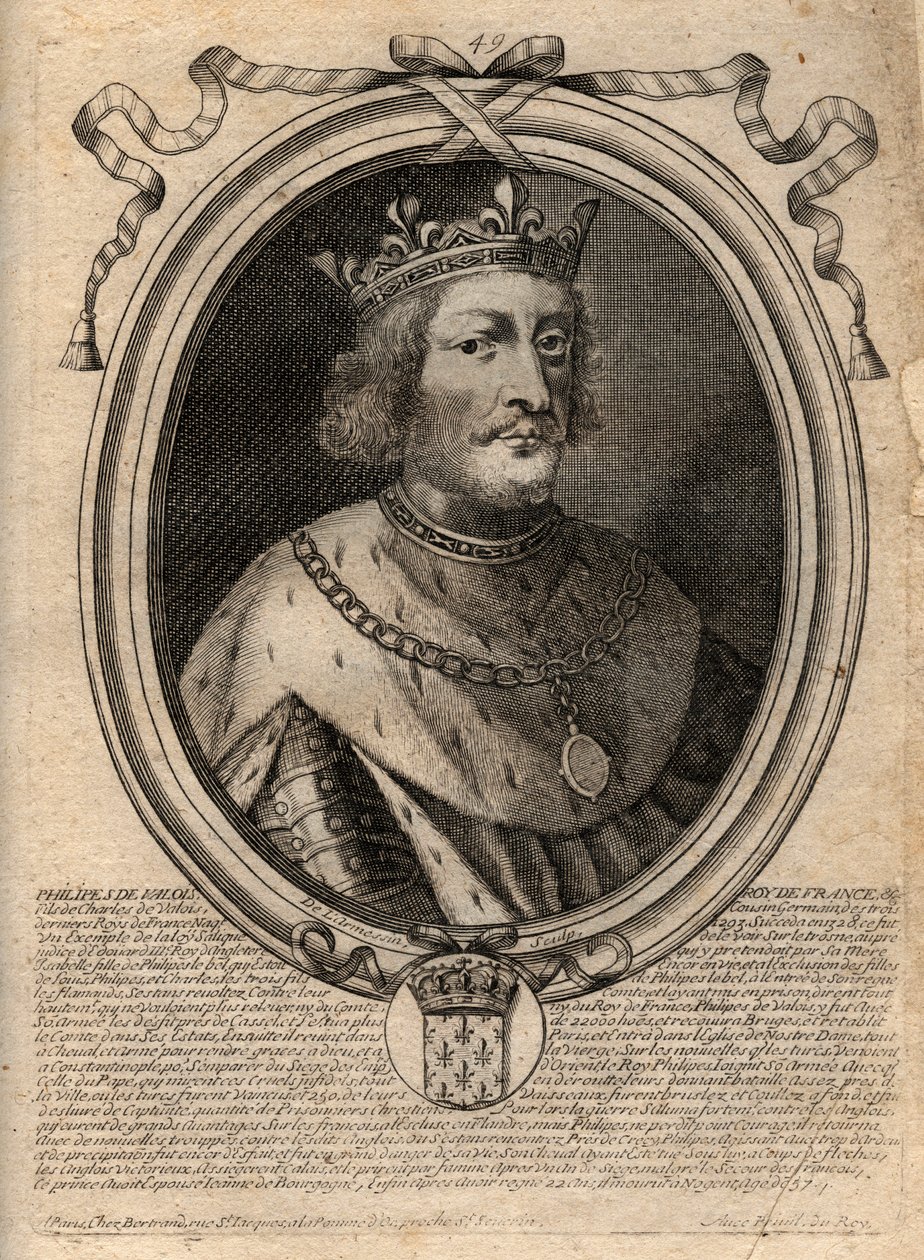 フランス王フィリップ6世（1294 - 1350）の肖像 - ヴァロワ家のフィリップ6世（1293 - 1350）フランス王 - パリの「ファラモンからルイ14世までのフランスの各王の8月の表現」からの刻印 作： de Larmessin