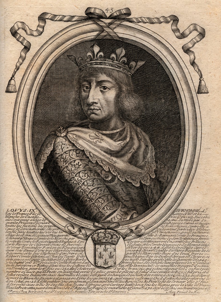 サン・ルイの肖像（Saint-Louis, Louis IX (1214-1270) - フランスの王、サン・ルイ9世（1214-70） - パリの「ファラモンからルイ14世までのフランスの全王のLes Augustes Representations」からのエングレーヴィング 作： de Larmessin
