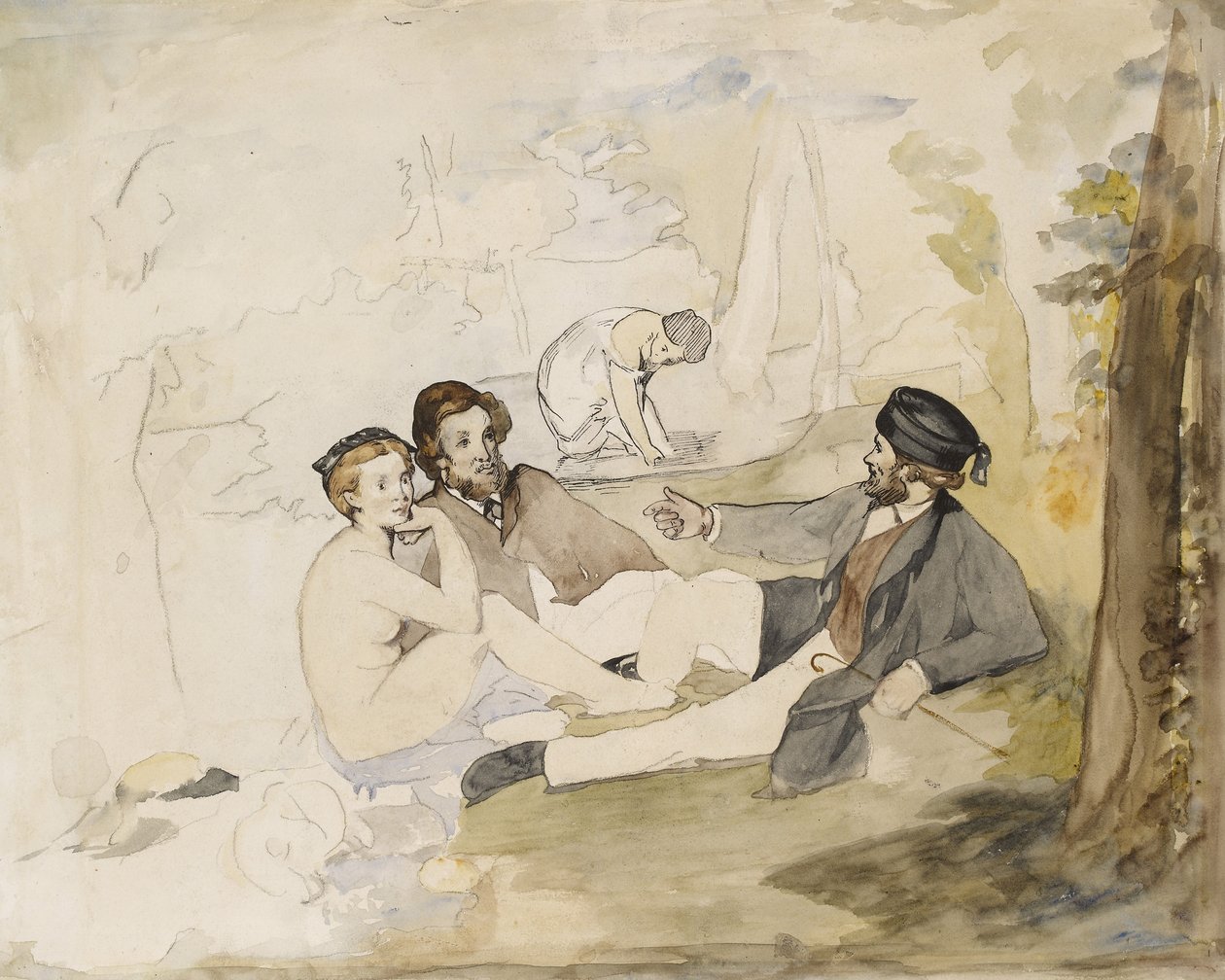 「Dejeuner sur L&39;Herbe」の研究、1863年（紙、ペン、鉛筆、トイレ） 作： エドゥアールマネ