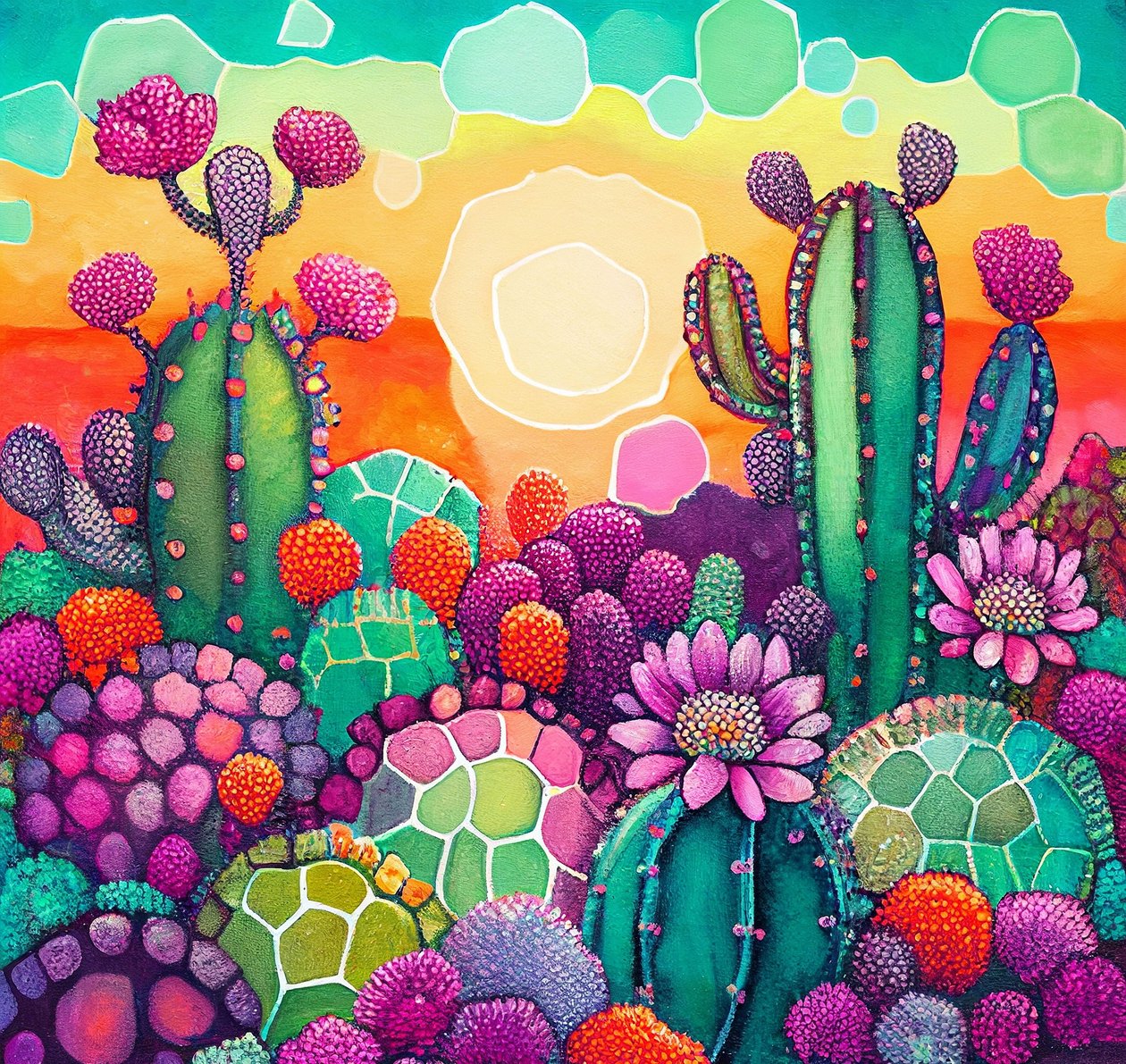砂漠の花：サボテン高原に沈む夕日を描いたカラフルな抽象画 作： ファフタリ・アブデラヒム