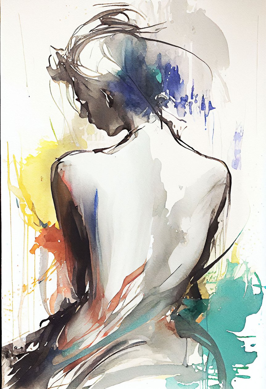 背中を向けて座っている女性を描いた水彩画。 作： ファフタリ・アブデラヒム