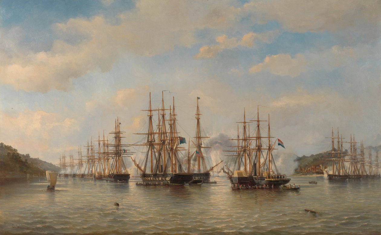 1864年9月、フランスの司令官コンスタン・ジョレスが率いる遠征中の日本海域のオランダ、イギリス、フランス、アメリカの戦隊 作： ヨンキア ヤコブ・エドゥアルド・ファン・ヘームスケルク