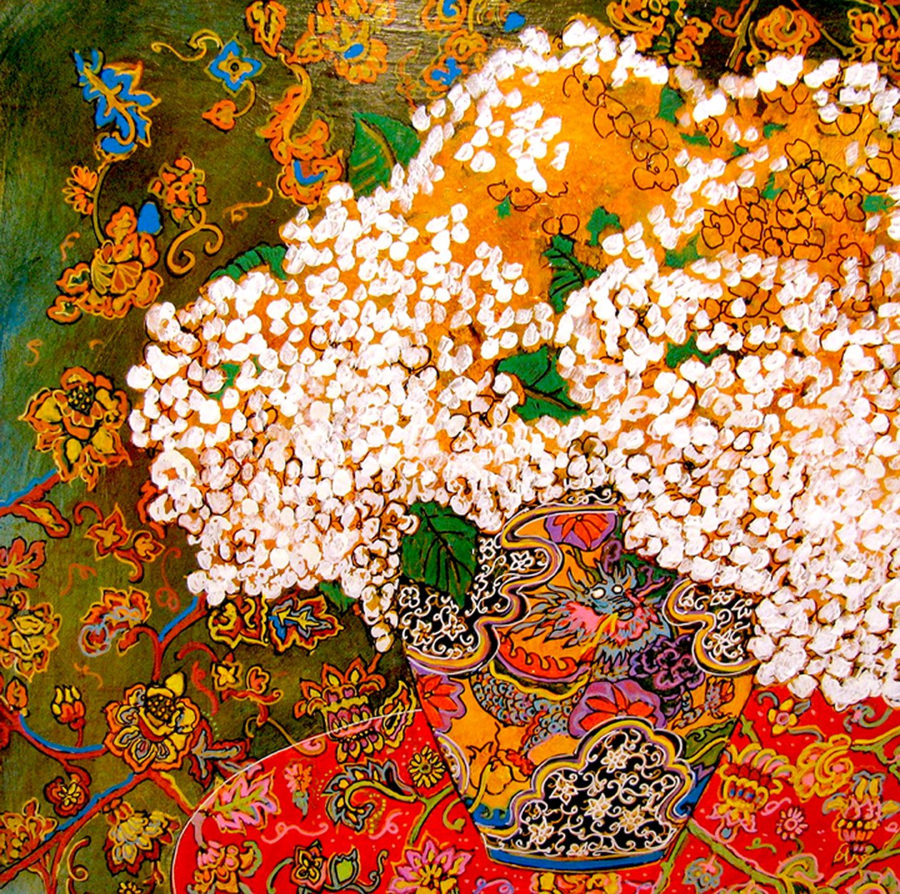 中国の花瓶の花, 2016 （ミックス、アクリル、インク、油彩） 作： リンダ・アーサー