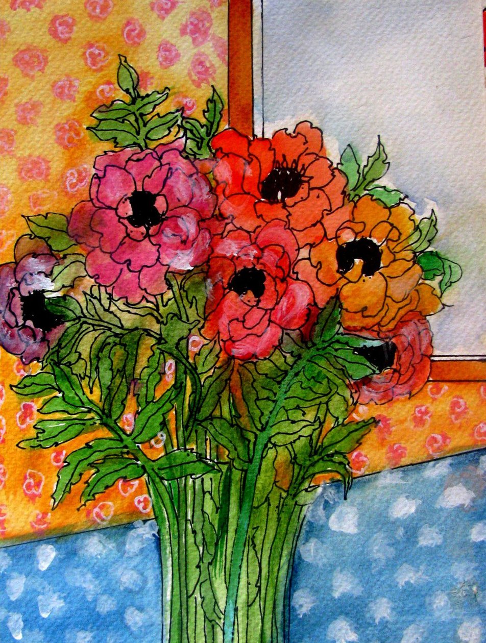 花瓶の花、2014年（水彩、インク） 作： リンダ・アーサー