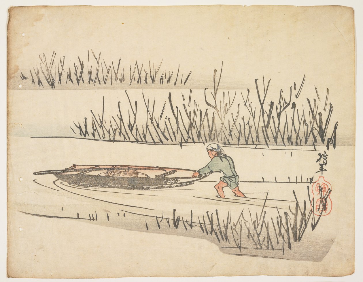 沼地でボートを押す（色木版画） 作： 西知念