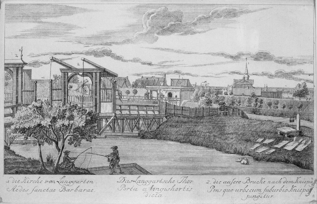 長い庭園を示すグダニスクの町の門、「グダニスクの50の眺め」から、Matthaeus Deisch（1724-89）1761-65によって彫刻 作： フリードリッヒ・アントン・ローマンまたはローマン