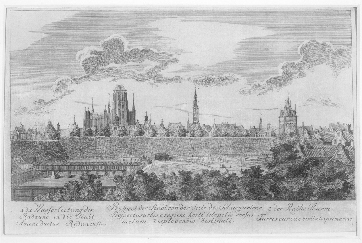 Matthaeus Deisch（1724-89）1761-65によって彫刻された「グダニスクの50の景色」からの城壁からのグダニスクの眺め 作： フリードリッヒ・アントン・ローマンまたはローマン