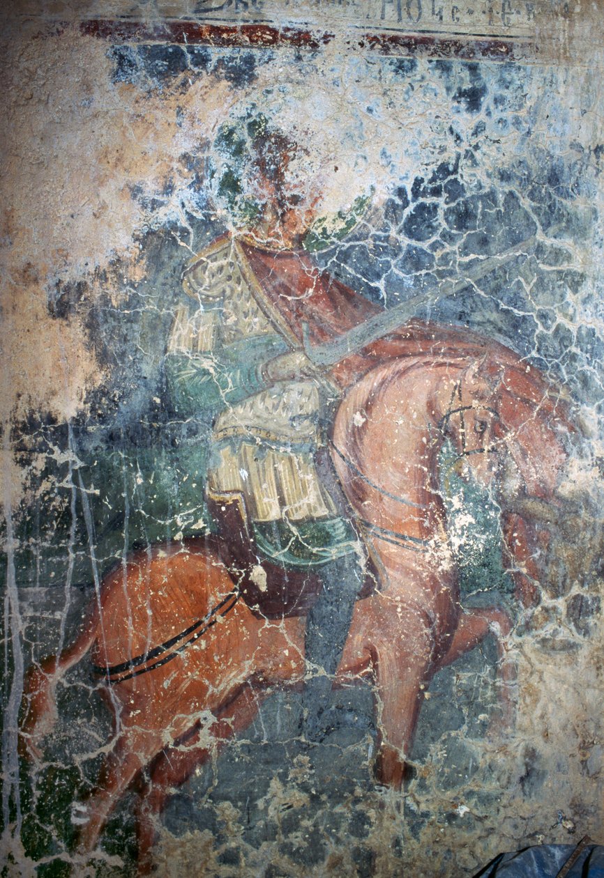 剣を持った馬上の男（ギリシャ・クレタ島ケファリ、アギオス・アタナシオスのビザンチン様式教会のフレスコ画）（写真 作： またはマグノチェーザレマグニ