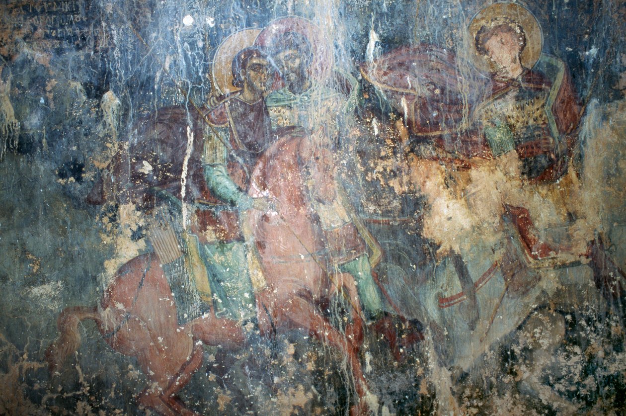 ギリシャ・クレタ島ケファリのビザンチン様式アギオス・アタナシオス教会のフレスコ画「馬に乗った聖人たち」(写真) 作： またはマグノチェーザレマグニ