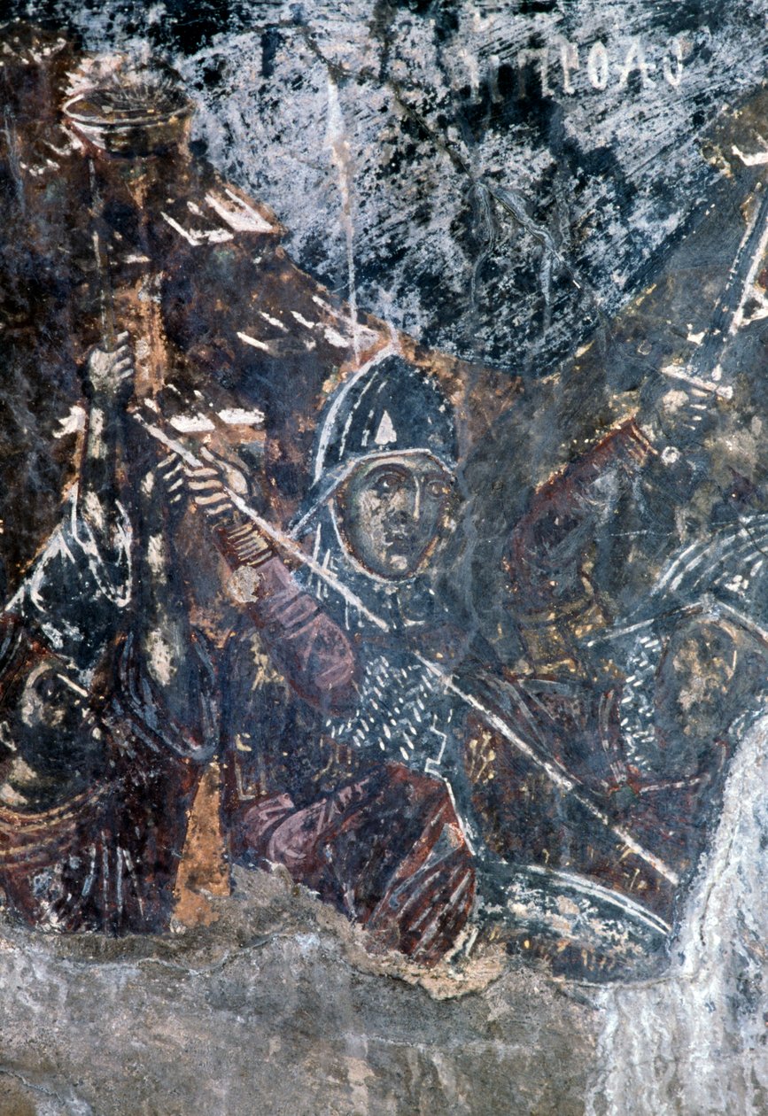 アギオス・ヴァシレイオス教会（ギリシャ・クレタ島）の天井に描かれた兵士のフレスコ画（写真）。 作： またはマグノチェーザレマグニ