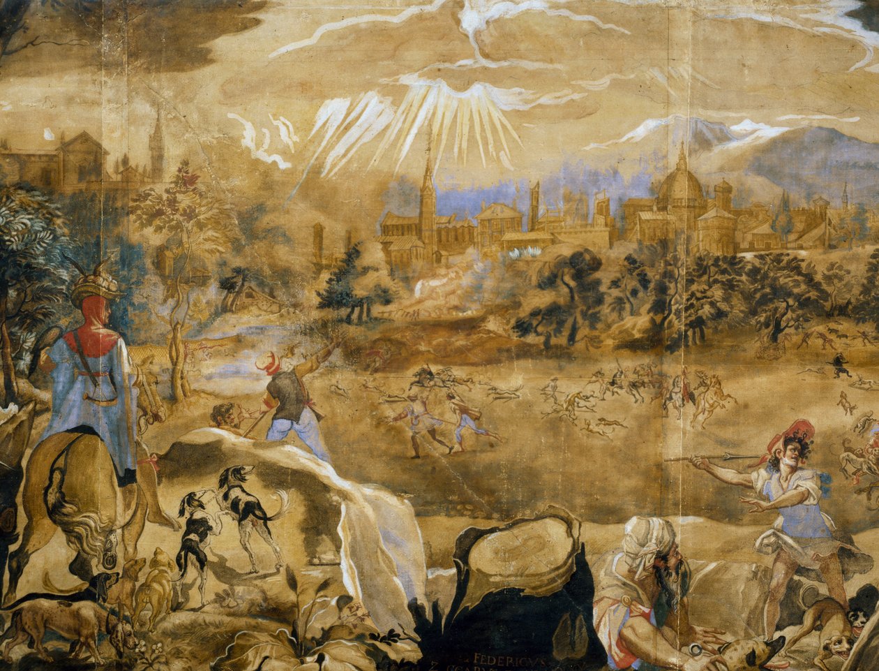 鹿狩り（背景にはフィレンツェの理想的な景色）、細部、1565年頃 作： またはZuccaroFederico Zuccari