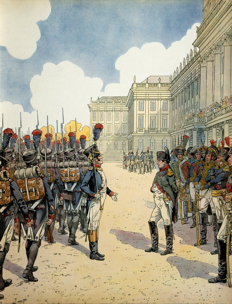 シェーブルンでは、7月5日と6日のワグラムの戦いを前に、ナポレオン1世ボナパルト（1769-1821）が軍を閲兵した。 作： Onfray de Breville JacquesJobの仮名