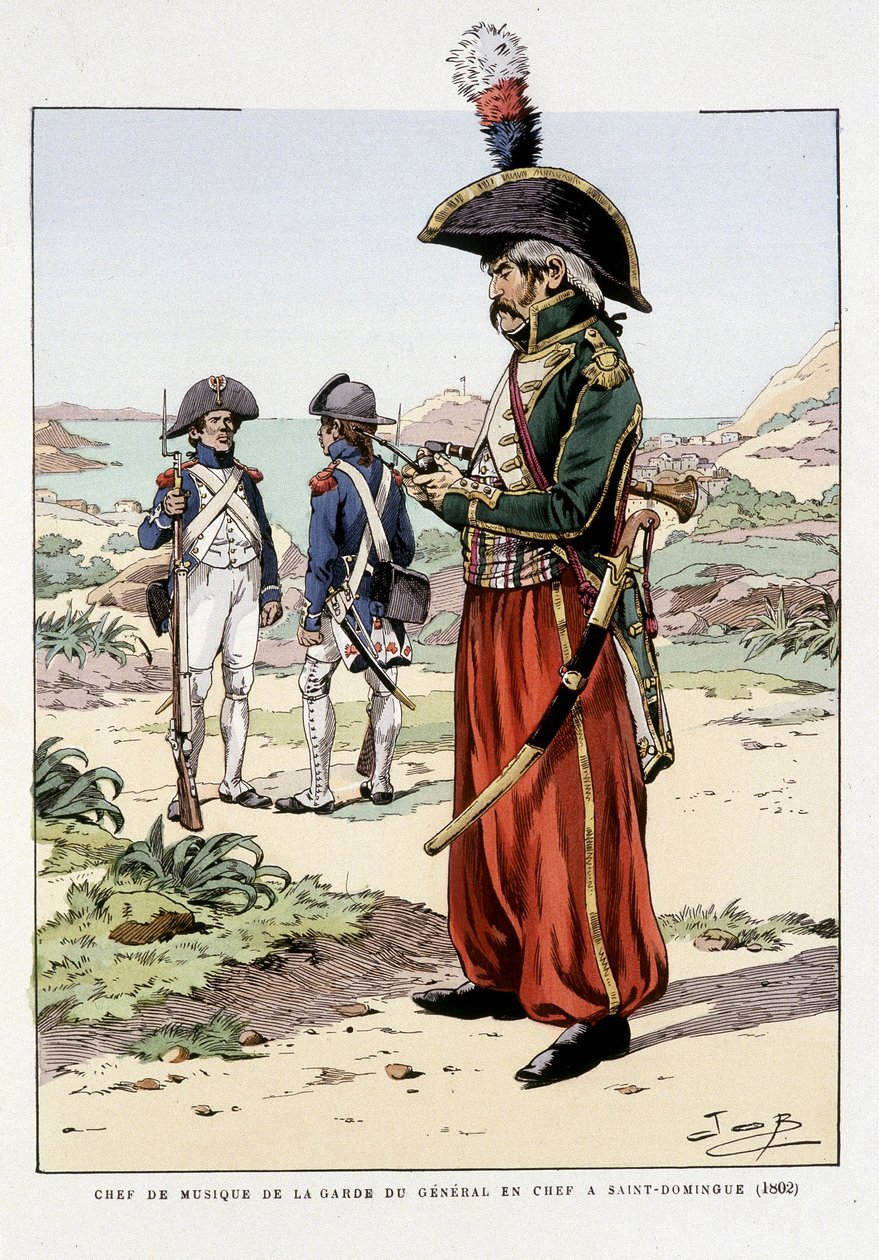 1802年のセント・ドミンゴでの総司令官の衛兵の音楽隊長-"Outfit des troupes de France: armee de terre et de mer à toutes les epoques "に掲載されている。 作： Onfray de Breville JacquesJobの仮名