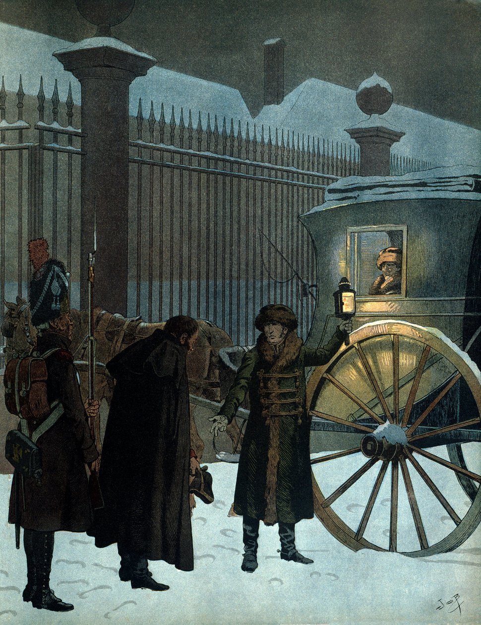 ロシア攻略戦に勝利し、パリに帰還。ナポレオン1世ボナパルト（1769-1821）がセダンに乗ってチュイルリーに到着したのは、ロシア軍の撤退後の1812年12月18日夜11時のことだった。ジョルジュ・モントルゲイユの「ナポレオン」にて。イラスト：J 作： Onfray de Breville JacquesJobの仮名