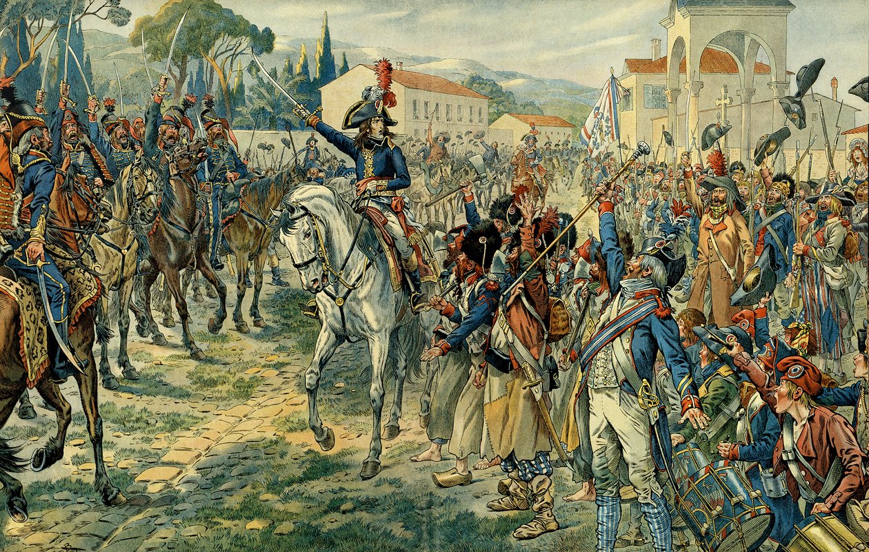 第一次イタリア遠征（1796〜1797年）。ナポレオン1世ボナパルト（1769-1821）は、1796年3月27日にニースでイタリア軍を閲兵した。ジャック・マリー・ガストン・オンフレー・ド・ブレヴィル（JOB）（1858-1931）によるイラスト。個人蔵 作： Onfray de Breville JacquesJobの仮名