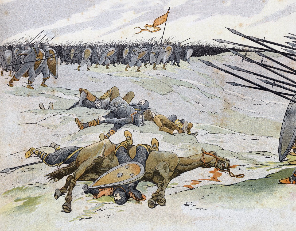 英仏戦争（1202年～1214年）：フィリップ・オーギュストのフランス軍とオトン4世のフランドル人とウェルフ人が戦った1214年7月27日のブヴィネスの戦いで死亡した兵士たち。 1896年の「France, its story told by G. Montorgueil, imagee by Job」で紹介されている。プライベートカンパニー 作： Onfray de Breville JacquesJobの仮名