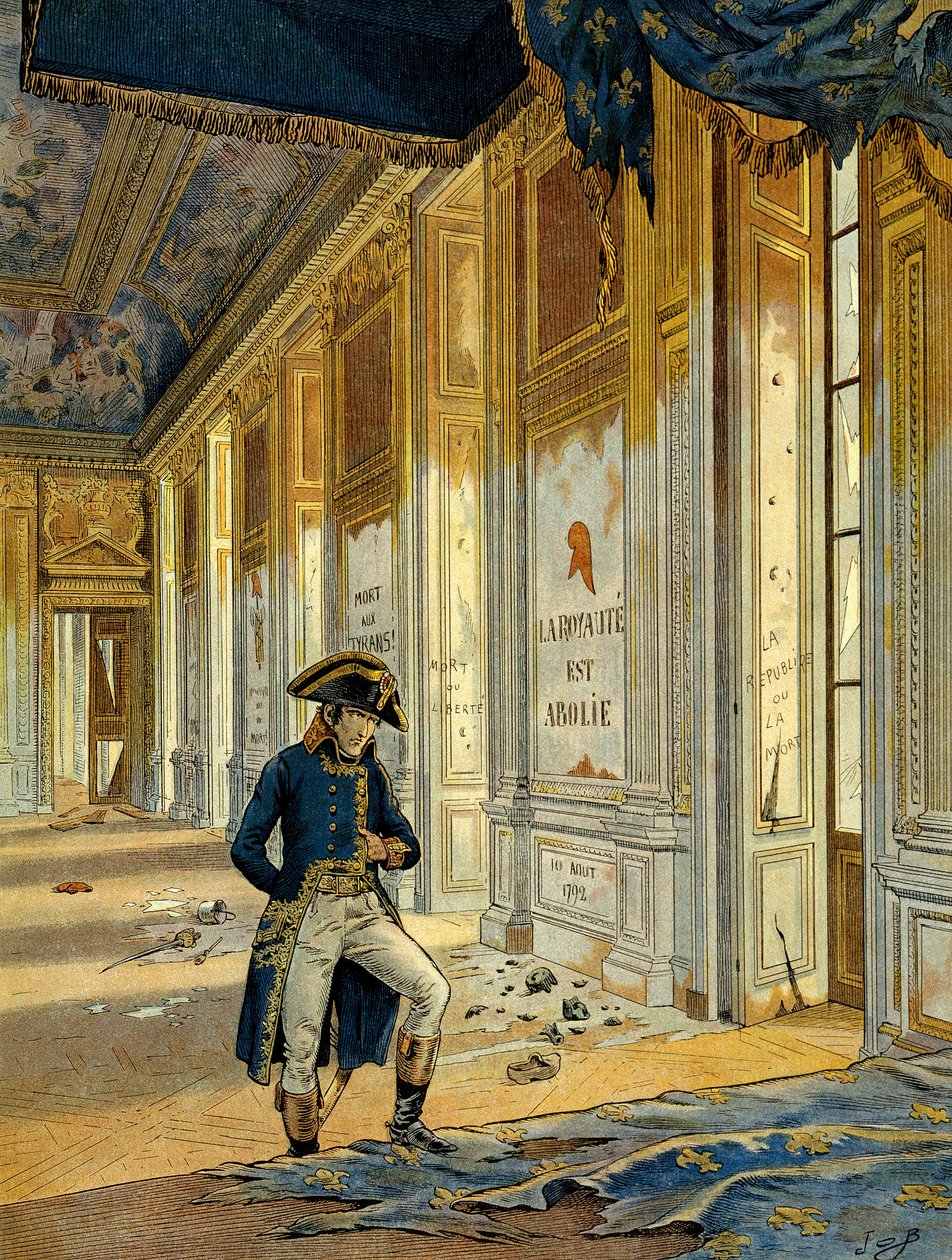 1789年のフランス革命。ナポレオン1世ボナパルト（1769-1821）がチュイルリー宮殿の玉座の間で、略奪した革命家たちが通過した後の様子。壁にはこう書かれている。"王国は廃止された"イラスト：ジャック・マリー・ガストン・オンフレー 作： Onfray de Breville JacquesJobの仮名