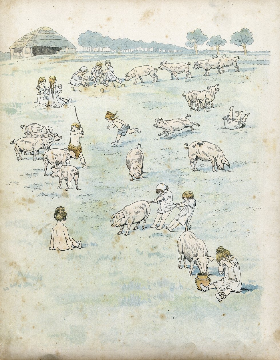 野原で豚と戯れるガリアの子供たち。1896年の「フランス、その物語はG.モントルグイユが語り、ジョブがイメージした」の中で。個人蔵。 作： Onfray de Breville JacquesJobの仮名