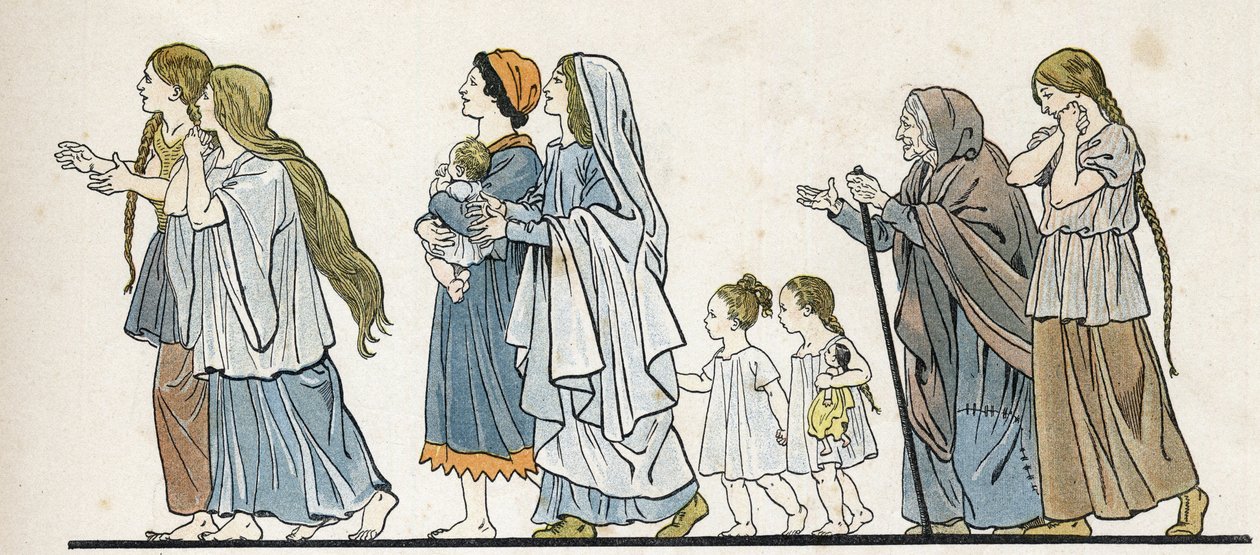 ガリアの農民女性と子供たち。1896年の「G.モントルグイユによるフランスの物語、ジョブによるイメージ」にて。個人蔵。 作： Onfray de Breville JacquesJobの仮名