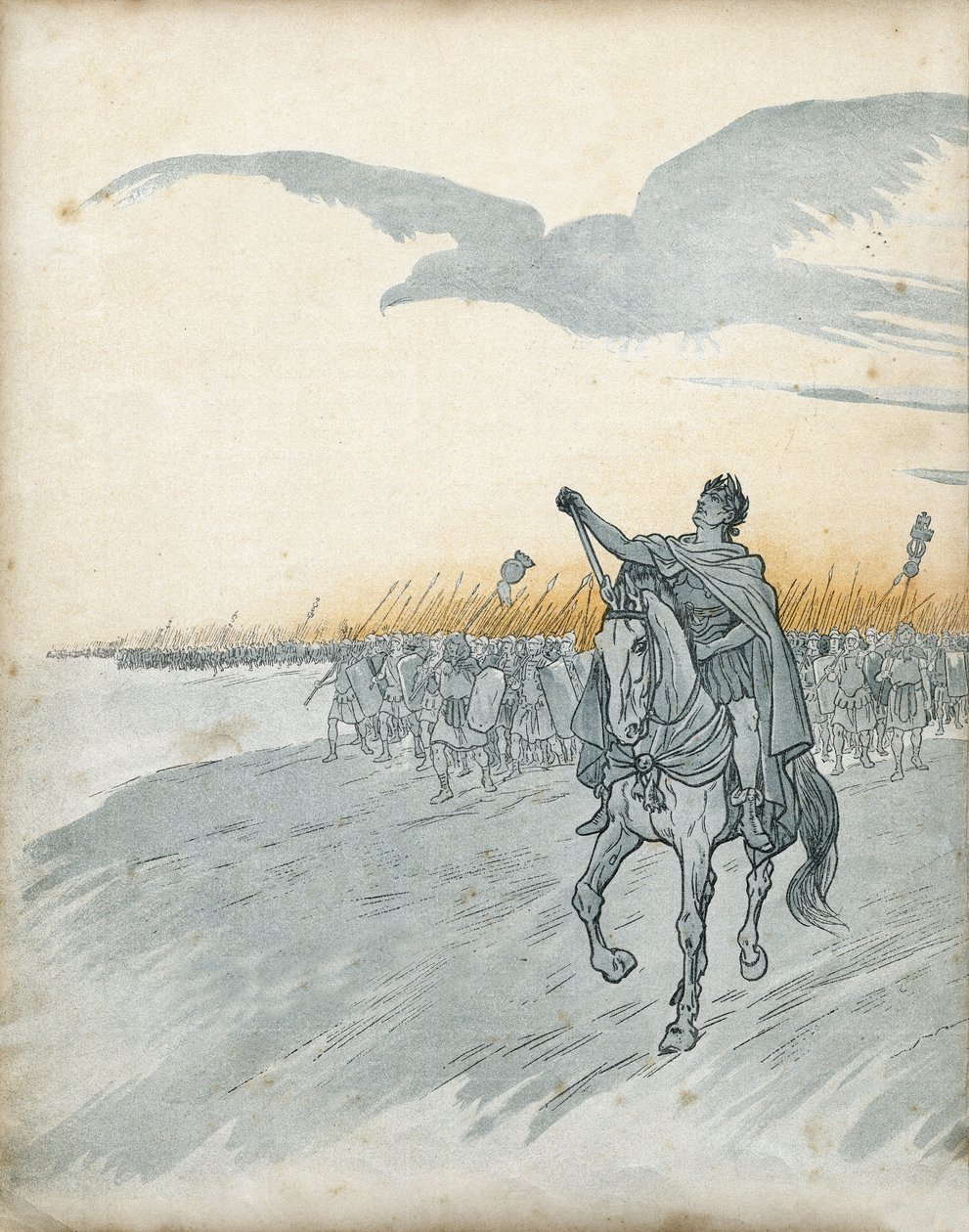 ガリア戦争：ガイウス・ユリウス・カエサル（当時はジュール・カエサル）（紀元前100-44年）とその軍隊がガリアに侵攻。空にはローマ帝国の象徴である鷲の影が現れる。1896年、「G.モントルグイユが語るフランス、その物語、ジョブが撮影」にて。個人蔵。 作： Onfray de Breville JacquesJobの仮名