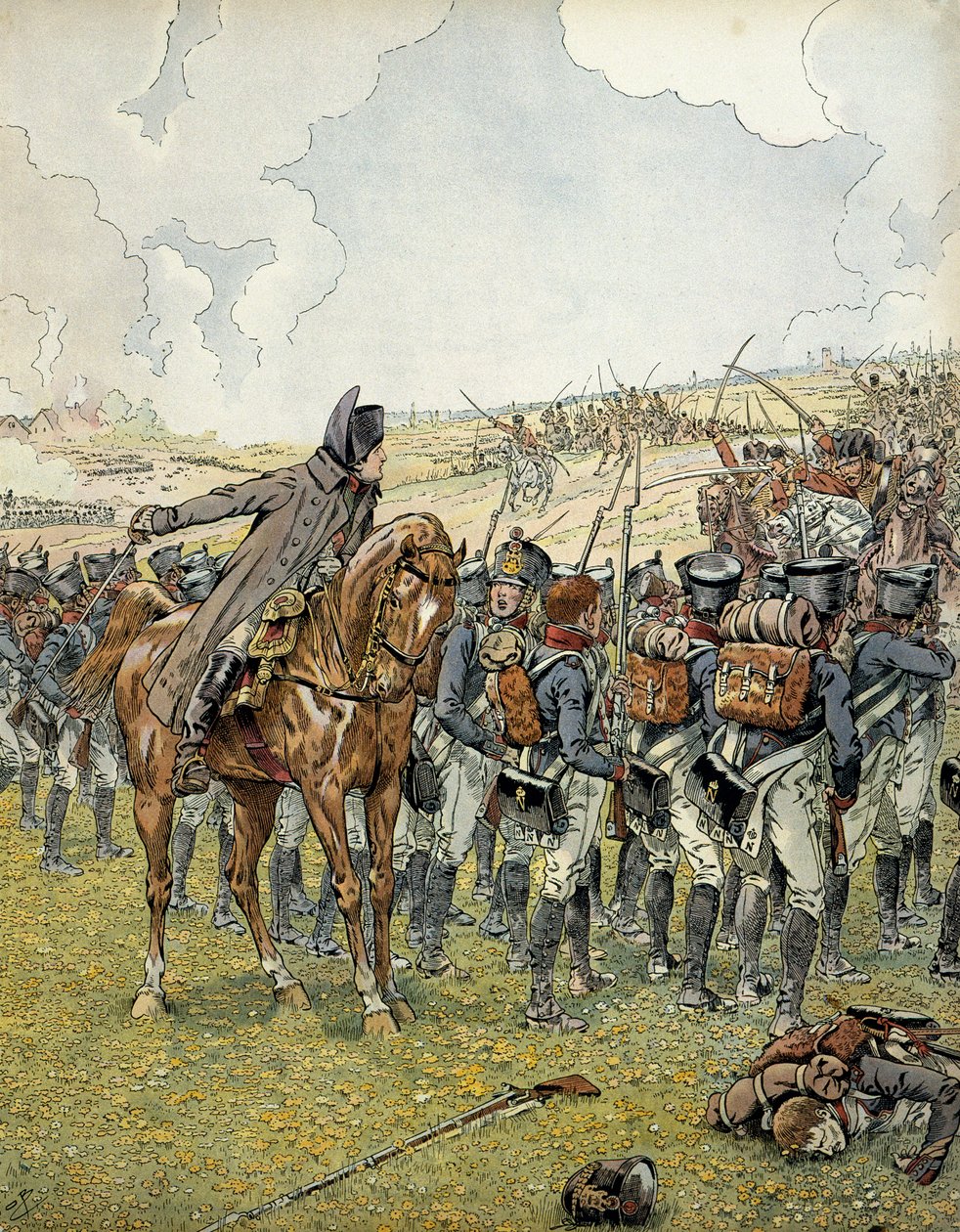 Deutscher Feldzug 1813: Napoleon I. Bonaparte (1769-1821) bei der Schlacht von Lützen am 2. Mai 1813 kommandierte seine Armee vor dem Sieg. In „Napoleon“ von Georges Montorgueil. Illustration von Jacques Marie Gaston Onfray de Breville dit JOB (1858-1931) von pseudonym for Jacques Onfroy de Bréville Job