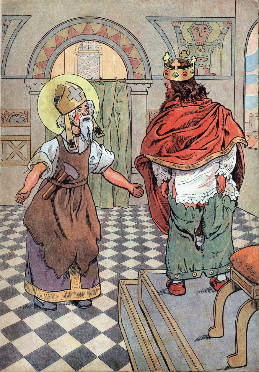 フランスの歴史。ダゴベール王の生活をおもちゃで表現したシーン。聖エロイ（v.588-659）は、フランス王ダゴベール1世（602または605-638または639）に、彼のズボンが逆さまに置かれていることを指摘する（パンツが逆さまになっている）。また、「Joujoux a l