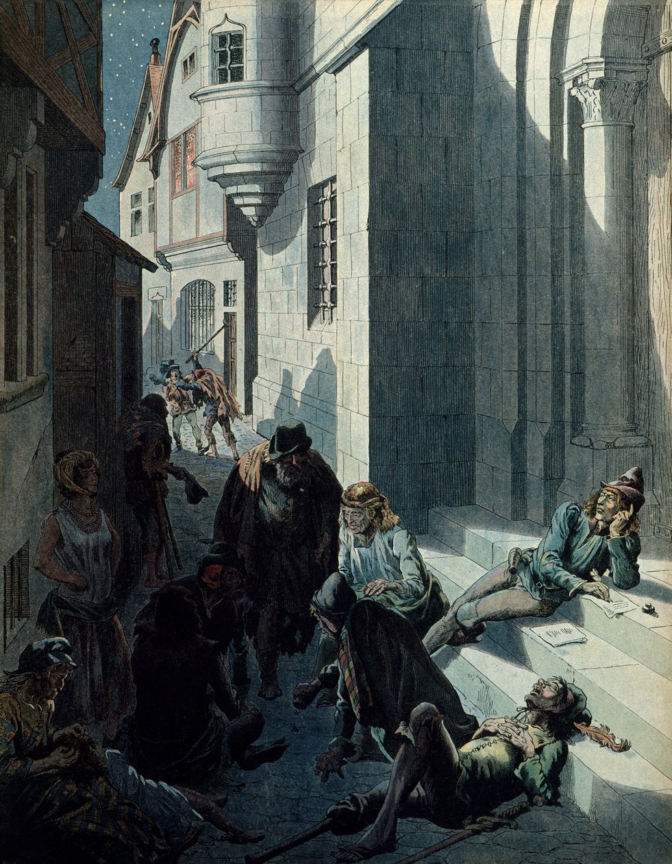 Geschichte Frankreichs im Mittelalter: François de Montcorbier bekannt als François Villon (1431-1463?), Dichter, der seine Werke in der Armut der Straßen von Paris verfasst. Illustration von Jacques Marie Gaston Onfray de Bréville dit JOB (1858-1931) von pseudonym for Jacques Onfroy de Bréville Job
