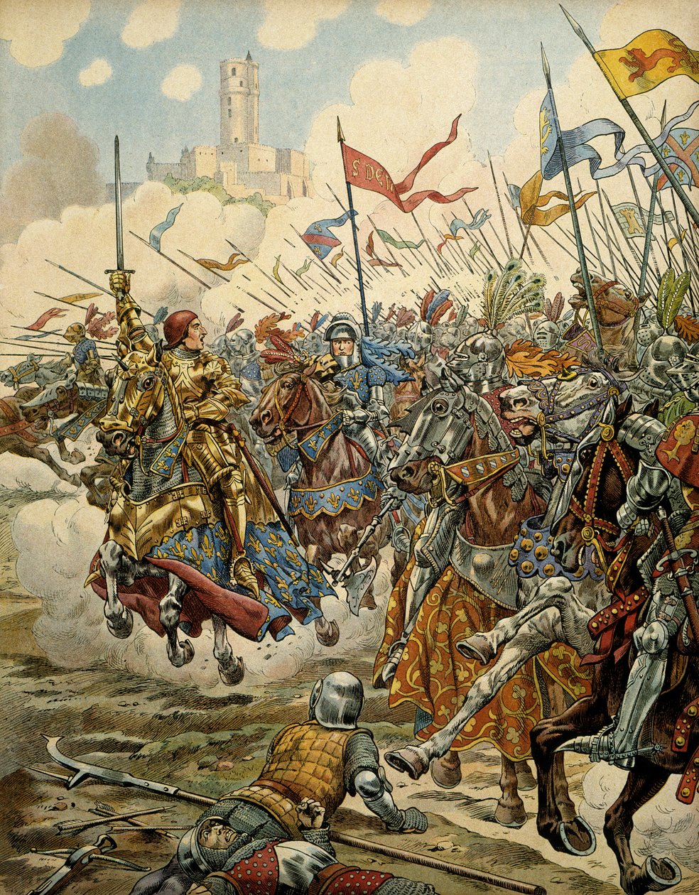 中世のフランスの歴史（中世）。慎重派と呼ばれる国王ルイ11世（1423-1483）は、7月16日に行われたリーグ・デュ・ビエン・パブリックとのモントレリーの戦いで、軍の先頭に立っている 作： Onfray de Breville JacquesJobの仮名