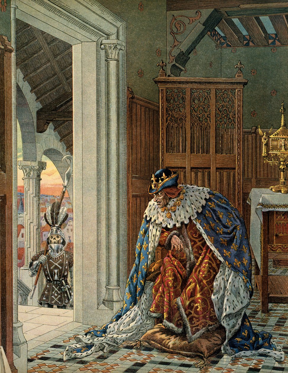 中世のフランスの歴史（中世）。フランス王ルイ11世は、慎重派（1423-1483）は死が鎧を着て戸口にやってくることを恐れていると言う。ジャック・マリー・ガストン・オンフレー・ド・ブレヴィルdit JOB（1858-1931）による挿絵 作： Onfray de Breville JacquesJobの仮名