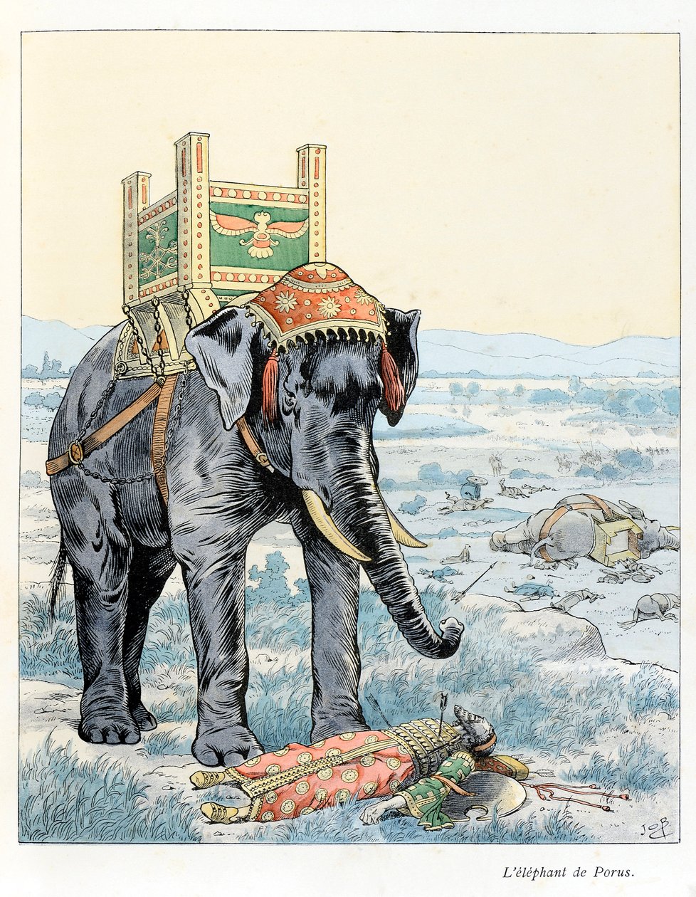 A Fabreが文、Jacques Marie Gaston Onfray de Breville dit JOB (1858-1931)が絵を描き、Maison Alfred Mame et filsが出版した書籍「A la gloire des betes」の挿絵。ポルスの象（紀元前328年のヒダスペの戦いで、ポルスが敗れて 作： Onfray de Breville JacquesJobの仮名