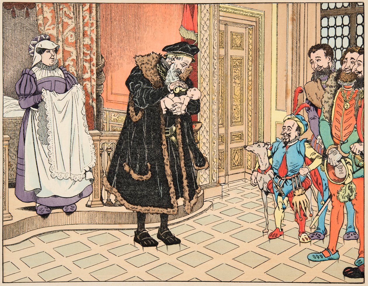 ジャック・マリー・ガストン・オンフレー・ド・ブレヴィルdit JOB（1858-1931）が挿絵を描いた書籍「Le bon roy Henri」のイラスト。アンリ4世の誕生、祖父のアンリ・ダルブレ（1503-1555）がニンニクで唇をこすっている様子 - 個人蔵 作： Onfray de Breville JacquesJobの仮名