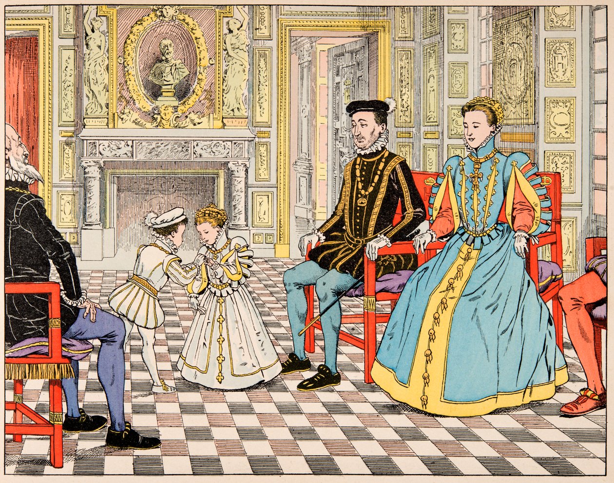 ジャック・マリー・ガストン・オンフレー・ド・ブレヴィル（JOB）（1858-1931）が描いた「Le bon roy Henri」という本の挿絵。アントワーヌ・ド・ブルボンが彼をパリに連れて行き、いとこのアンリ2世に紹介し、アンリ2世は彼に娘のマルグリット・ド・マルグリットの手を差し伸べた。 作： Onfray de Breville JacquesJobの仮名