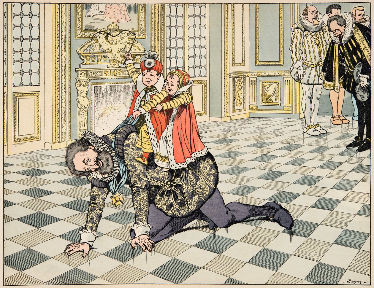 Jacques Marie Gaston Onfray de Breville dit JOB (1858-1931)が描いた「Le bon roy Henri」の挿絵。スペイン大使の前で、子供たちと遊ぶアンリ4世 - 個人蔵 作： Onfray de Breville JacquesJobの仮名
