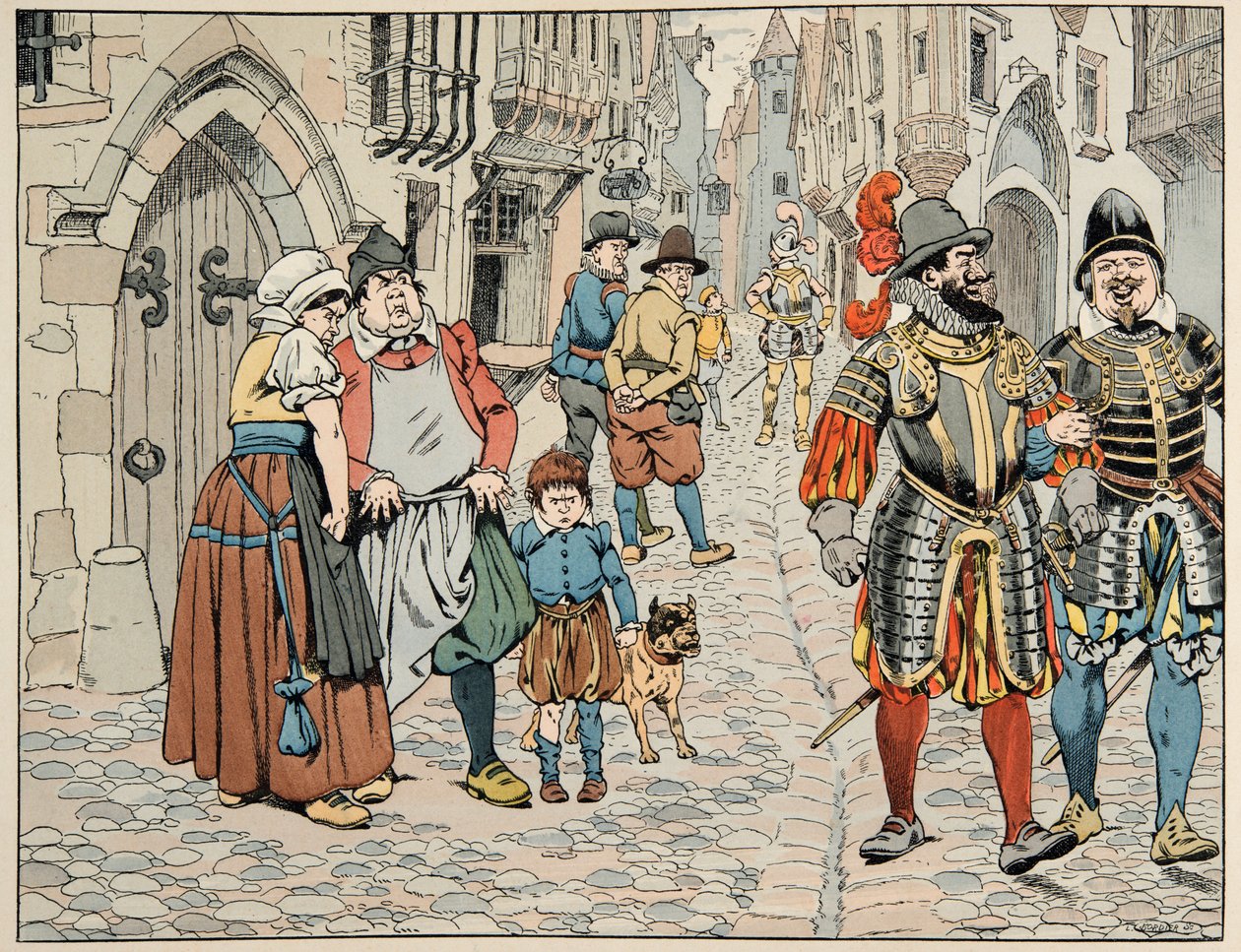 ジャック・マリー・ガストン・オンフレー・ド・ブレヴィル（JOB）（1858-1931）が挿絵を描いた書籍「Le bon roy Henri」から引用したイラスト。助けに来た外国軍を悪い目で見るパリジャンたち - 個人蔵 作： Onfray de Breville JacquesJobの仮名