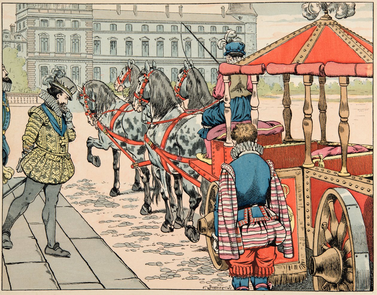 ジャック・マリー・ガストン・オンフレー・ドゥ・ブレヴィル（JOB）（1858-1931）が描いた「Le bon roy Henri」から引用したイラスト。1610年5月14日、アンリ4世は屋根のない馬車に乗ることを後悔している - 個人蔵 作： Onfray de Breville JacquesJobの仮名