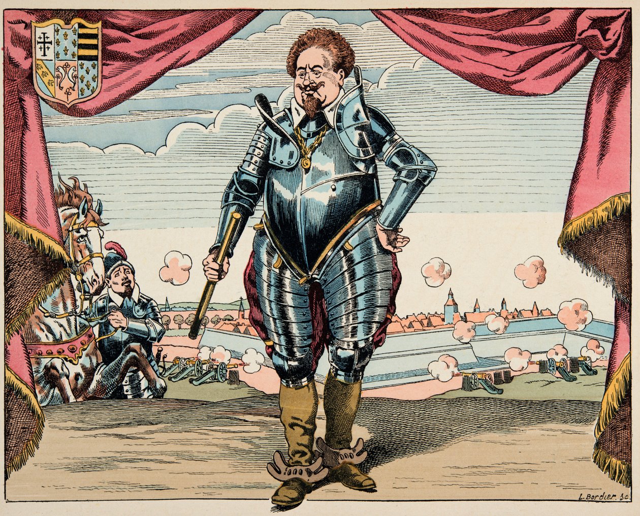 ジャック・マリー・ガストン・オンフレー・ド・ブレヴィル（JOB）（1858-1931）が挿絵を描いた「Le bon roy Henri」からの引用。シャルル・ド・ロレーヌ（1554-1611）の肖像、マイエンヌ公、同盟の軍事的リーダー、アンリ4世の敵 - 個人蔵 作： Onfray de Breville JacquesJobの仮名