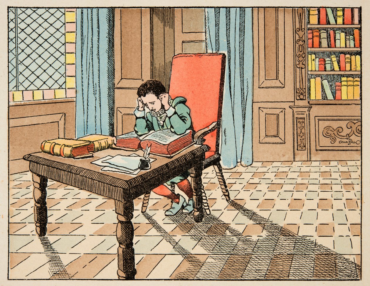 ジャック・マリー・ガストン・オンフレー・ド・ブレヴィル（JOB）（1858-1931）が挿絵を描いた「Le bon roy Henri」から引用したイラスト。16世紀の教育：古典の講義 - 個人蔵 作： Onfray de Breville JacquesJobの仮名