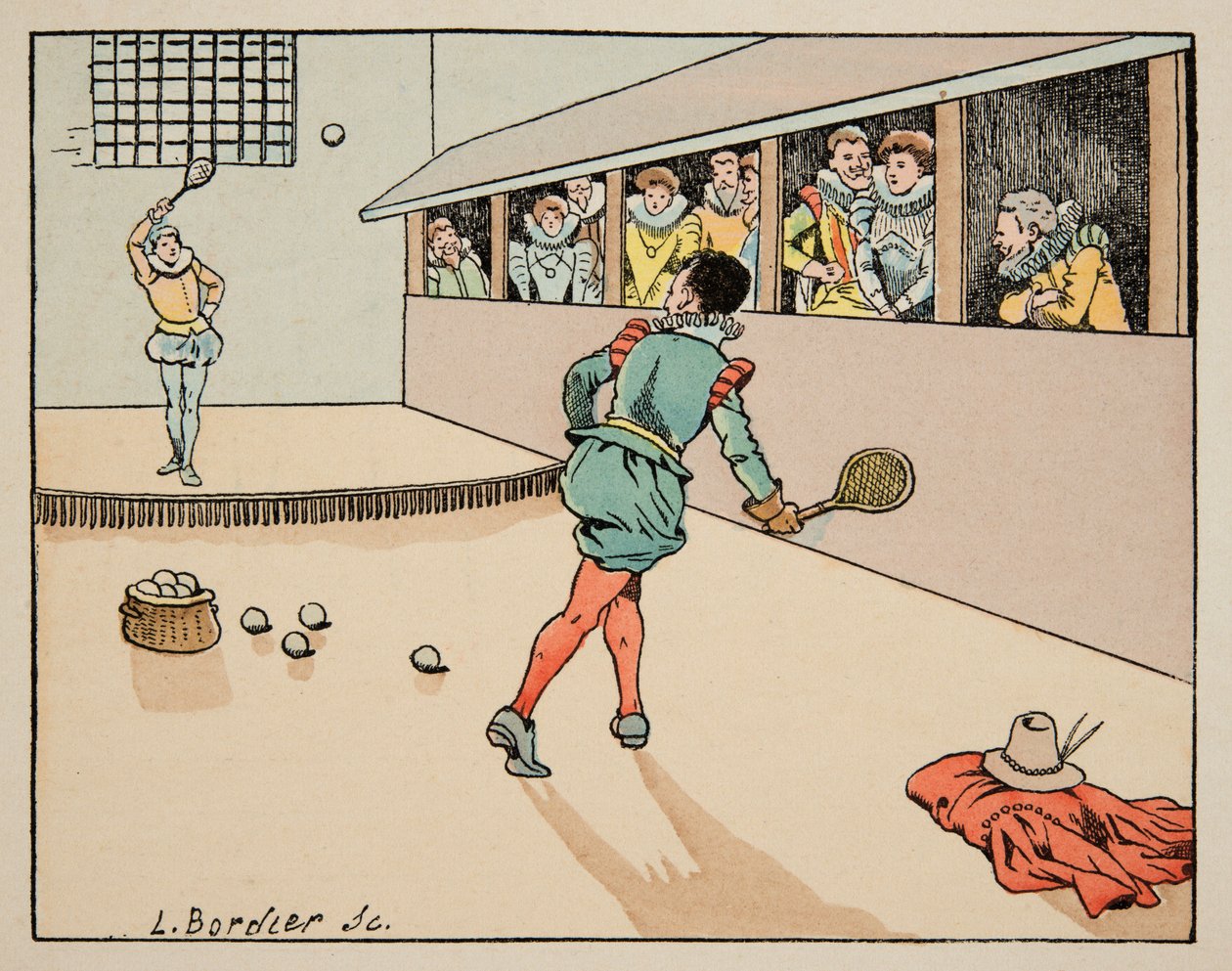 ジャック・マリー・ガストン・オンフレー・ド・ブレヴィル（JOB）（1858-1931）が挿絵を描いた書籍「Le bon roy Henri」から引用したイラスト。16世紀の教育：ヤシの木ゲーム - 個人蔵 作： Onfray de Breville JacquesJobの仮名
