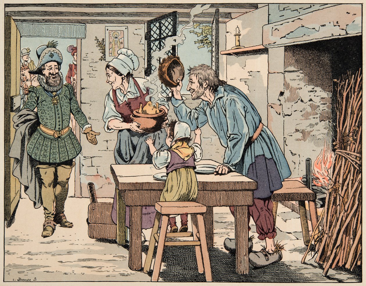 Jacques Marie Gaston Onfray de Breville dit JOB (1858-1931)が描いた「Le bon roy Henri」からの引用イラスト：農民の中のアンリ4世、鍋の中の鶏を食べる - 個人蔵 作： Onfray de Breville JacquesJobの仮名