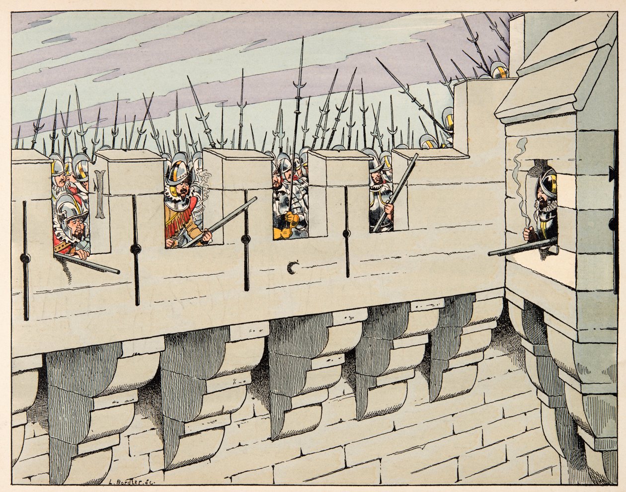 ジャック・マリー・ガストン・オンフレー・ド・ブレヴィル（JOB）（1858-1931）が挿絵を描いた書籍「Le bon roy Henri」から引用したイラスト。街を守るための準備をするパリ市民たち - 個人蔵 作： Onfray de Breville JacquesJobの仮名
