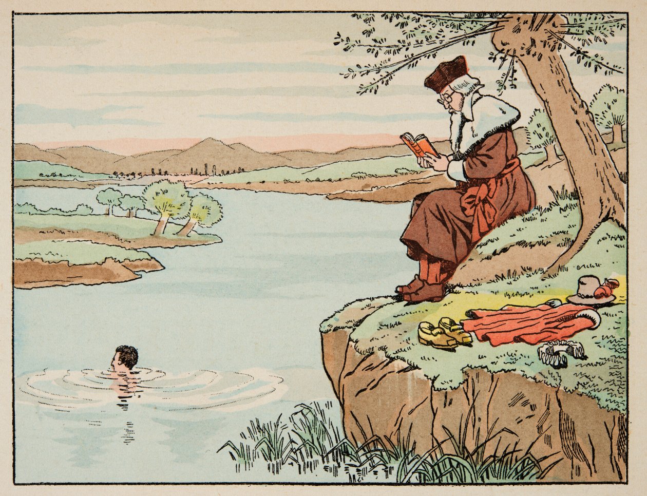 Jacques Marie Gaston Onfray de Breville dit JOB (1858-1931)が描いた「Le bon roy Henri」から引用したイラスト。16世紀の教育：水泳 - 個人蔵 作： Onfray de Breville JacquesJobの仮名