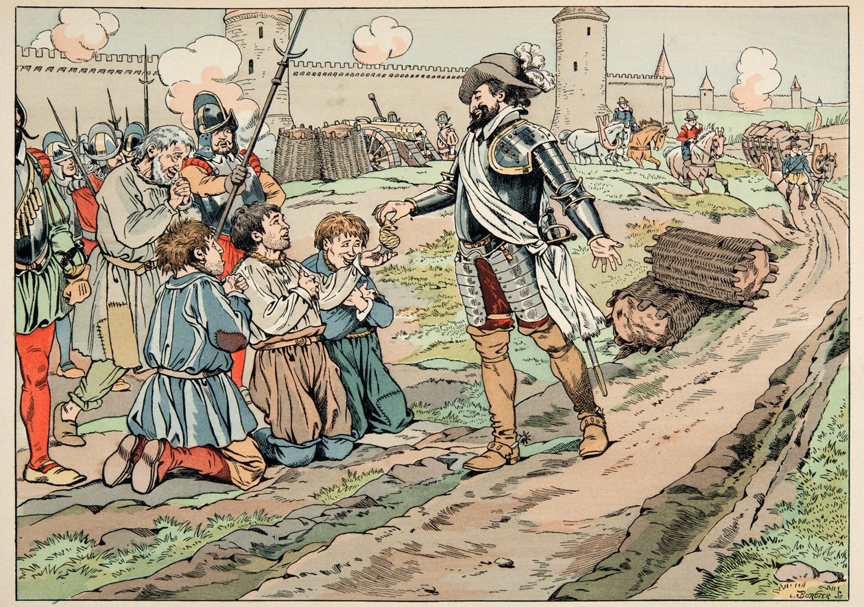ジャック・マリー・ガストン・オンフレー・ドゥ・ブレヴィル（JOB）（1858-1931）が描いた「Le bon roy Henri」から引用したイラスト：アンリ4世はパリに食べ物を持ち込もうとした農民たちにお金を与え、解放した - 個人蔵 作： Onfray de Breville JacquesJobの仮名