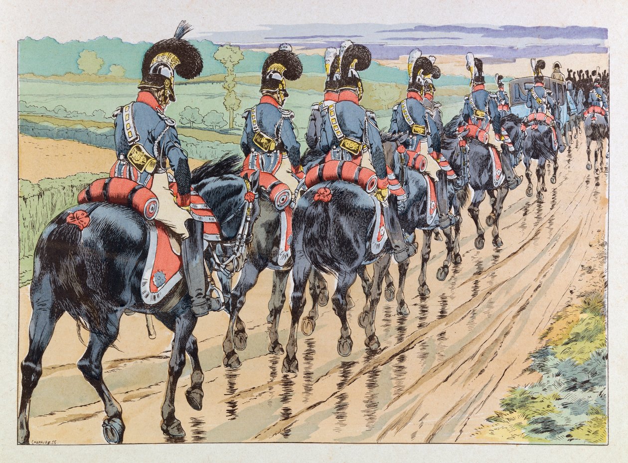 Jacques Marie Gaston Onfray de Breville dit JOB (1858 - 1931); "Les epees de France "の挿絵。ナポレオンに随行した帝国の護衛；コル、パート 作： Onfray de Breville JacquesJobの仮名
