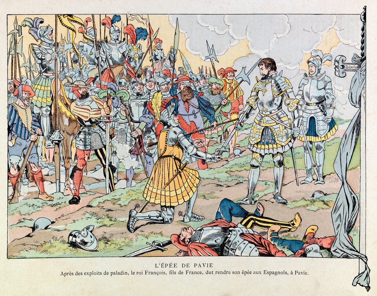 Jacques Marie Gaston Onfray de Breville dit JOB (1858 - 1931); illustrated from the book "Les epees de France":2月24日、パヴィアの敗北後、スペイン人に剣を返すフランソワ第一王 作： Onfray de Breville JacquesJobの仮名